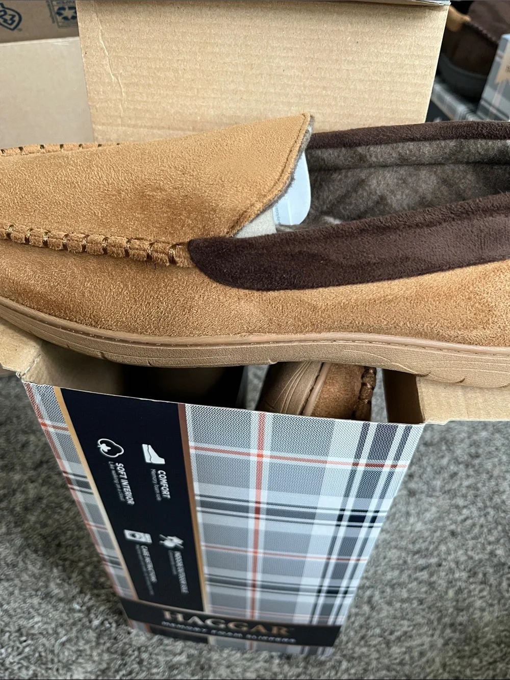 Haggar Men’s Brown Tan Slip-On Memory Foam Loafers. Men size 11-12. XL. New